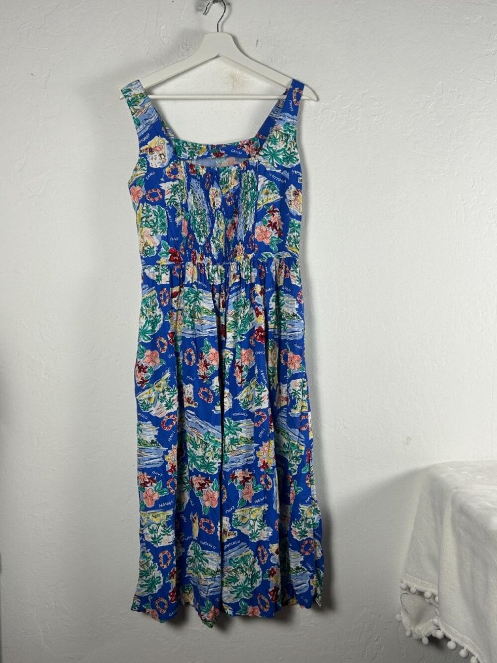 Vintage 90s Jennifer Moore Womens Island Style Hawaiian Midi Dress Medium Blue